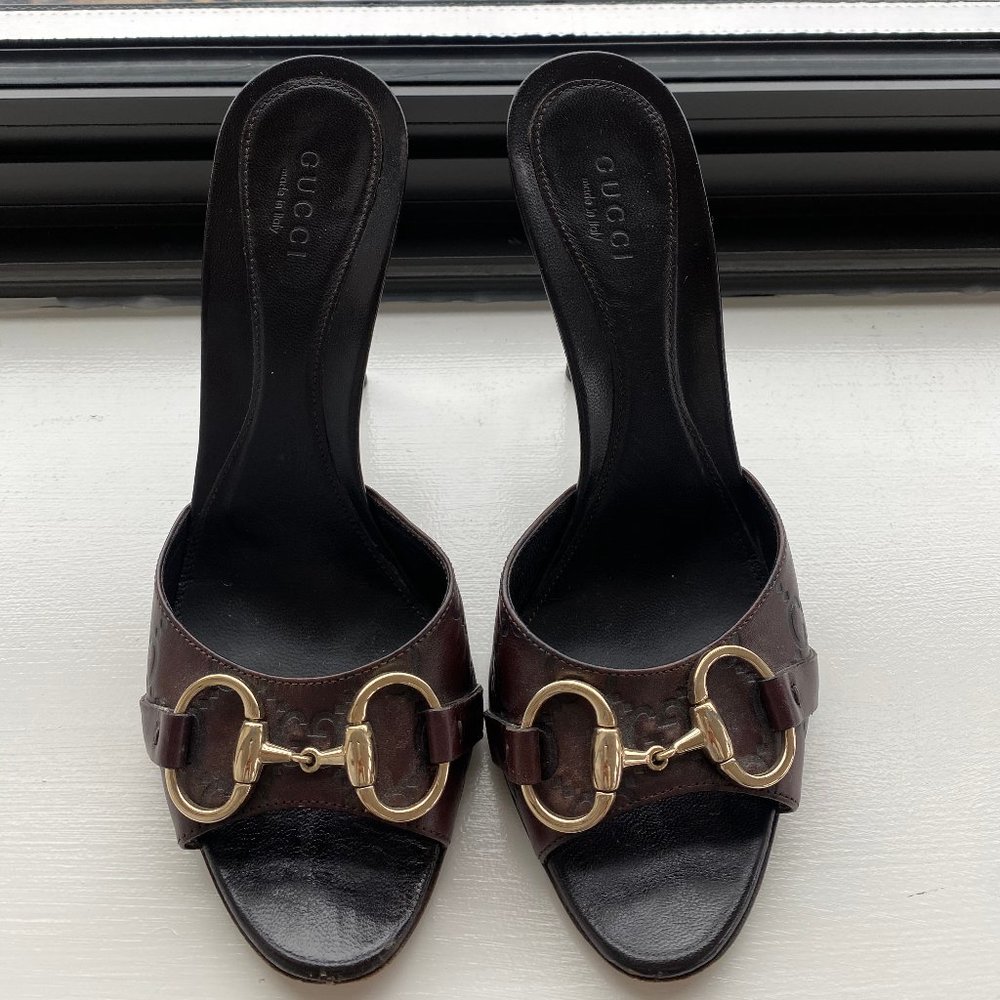 Gucci Chocolate Brown Monogram Margaux Calf Mules